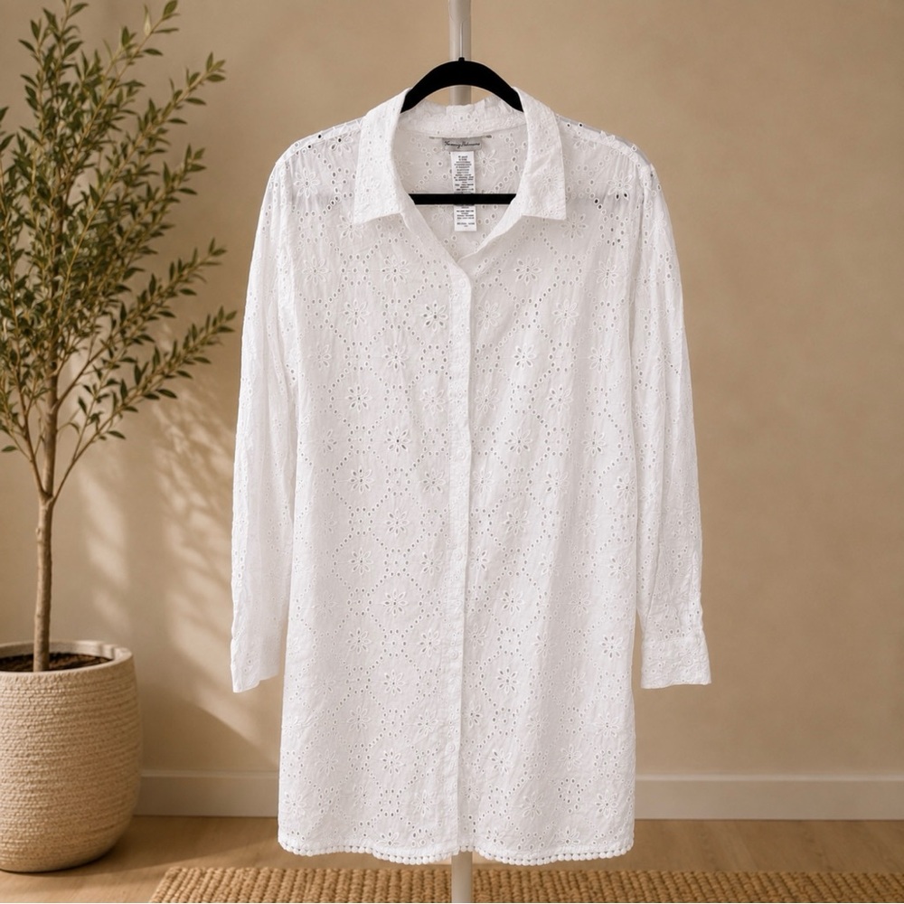 Tommy Bahama White Eyelet Tunic Cover-Up Dress Organic Cotton